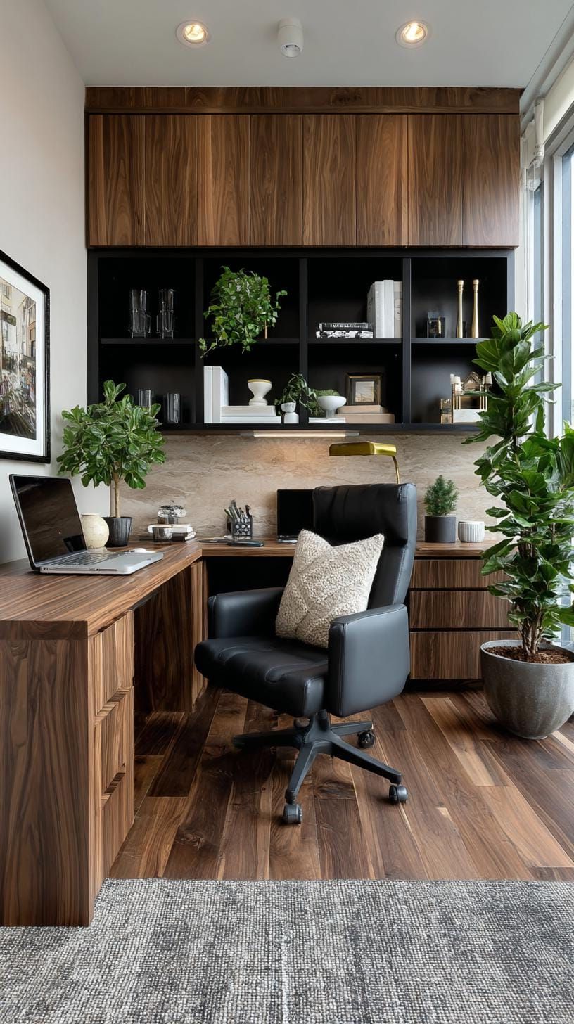 4. Modern Office with Stylish Black and Walnut Decor and Matching Storage Options