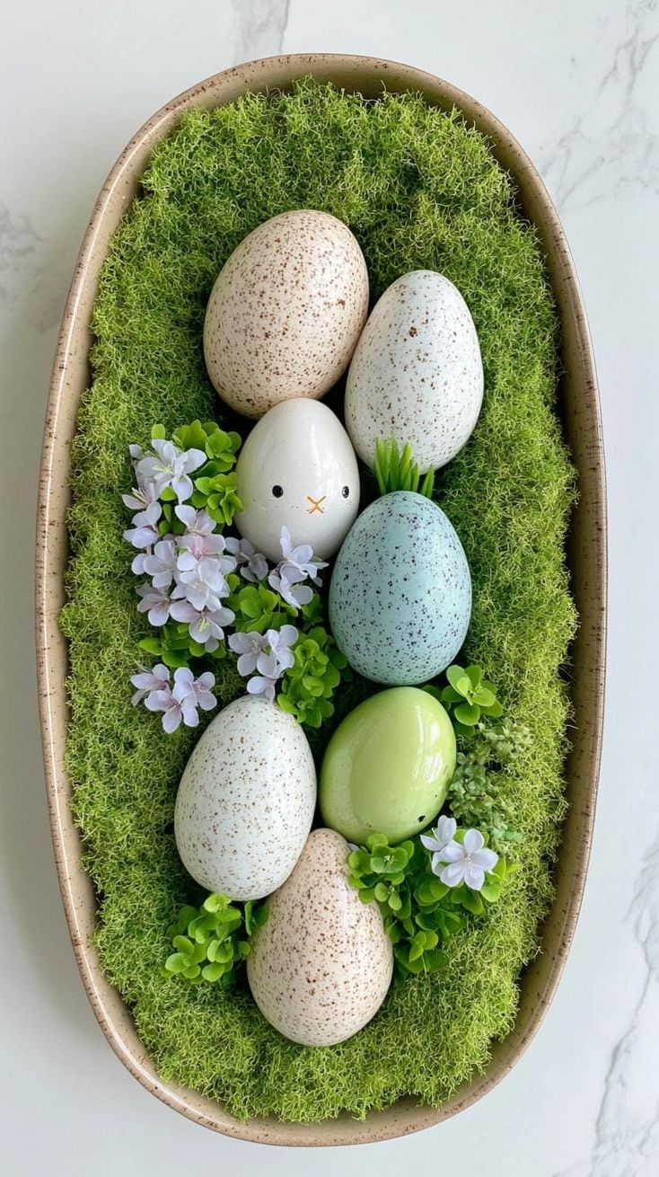 18. Ceramic Bunnies And Eggs On A Moss Tray - photo 2