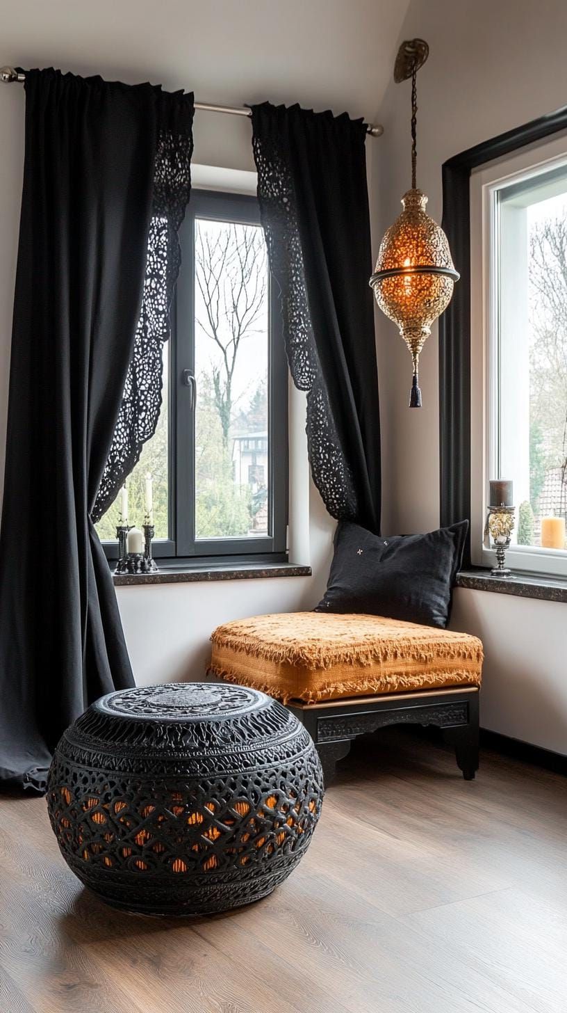 18. Black Lace Drapes Around An Incense And Pouf Corner