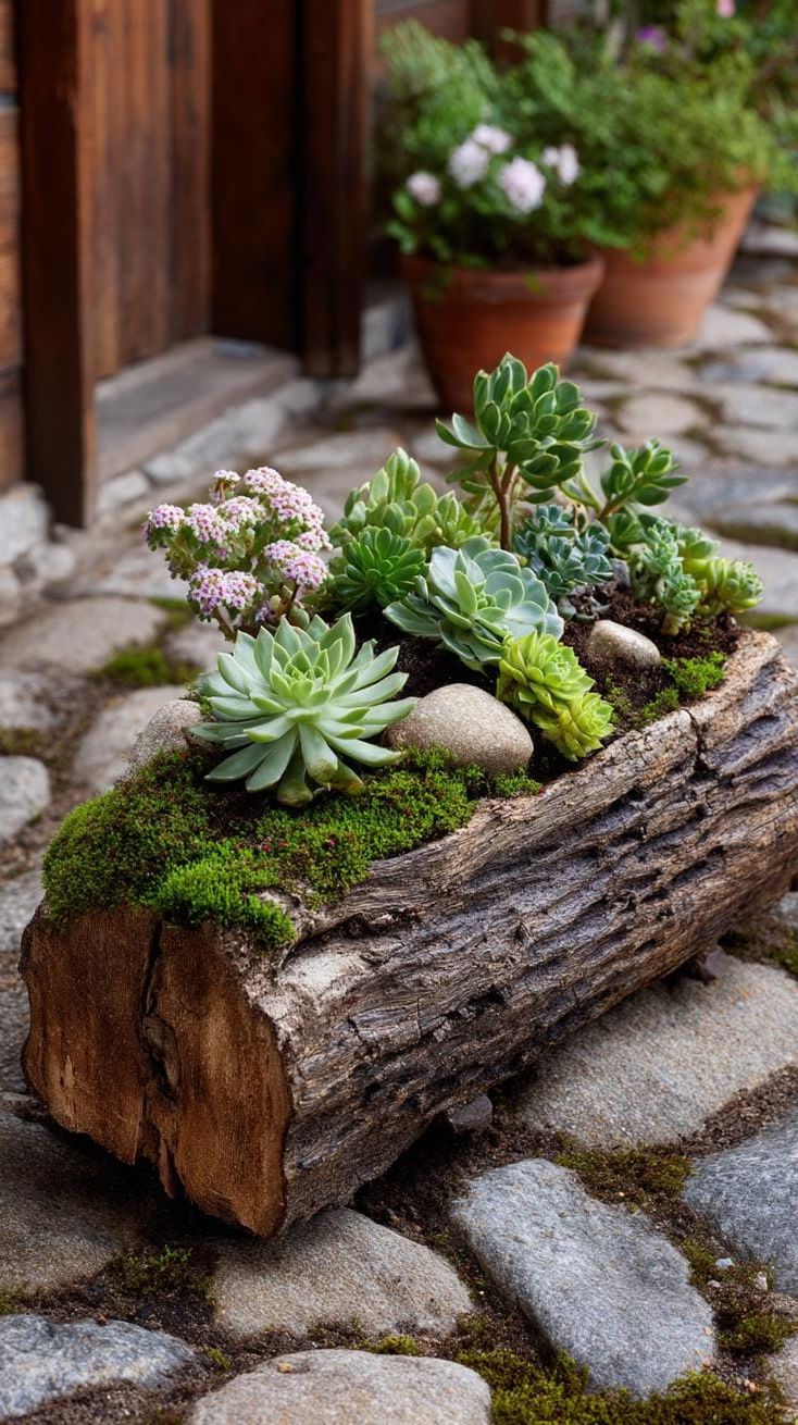 12. Rustic Log Planter for Succulents