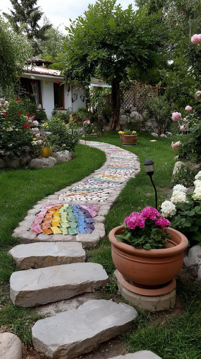 8. Bright Rainbow Mosaic Stepping Stones