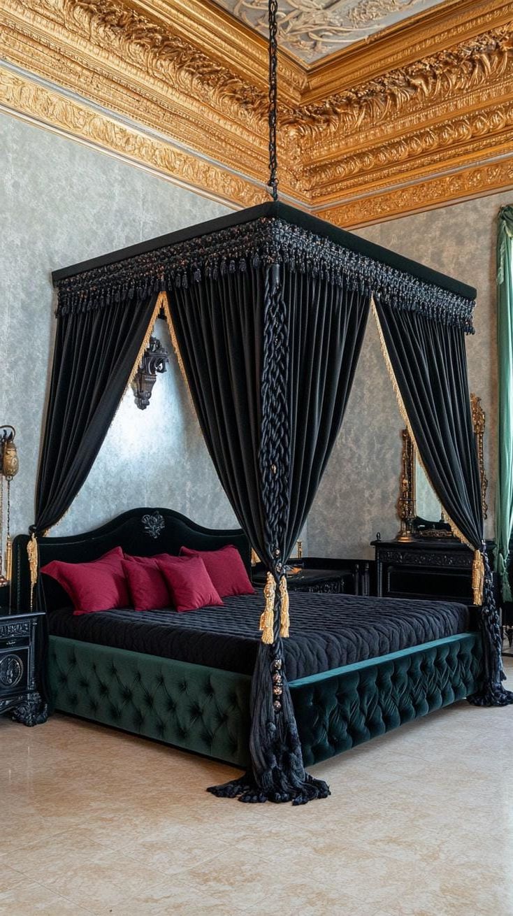 1. Velvet Canopy Bed With Macrame Drapes And Antiqued Patina Mirrors