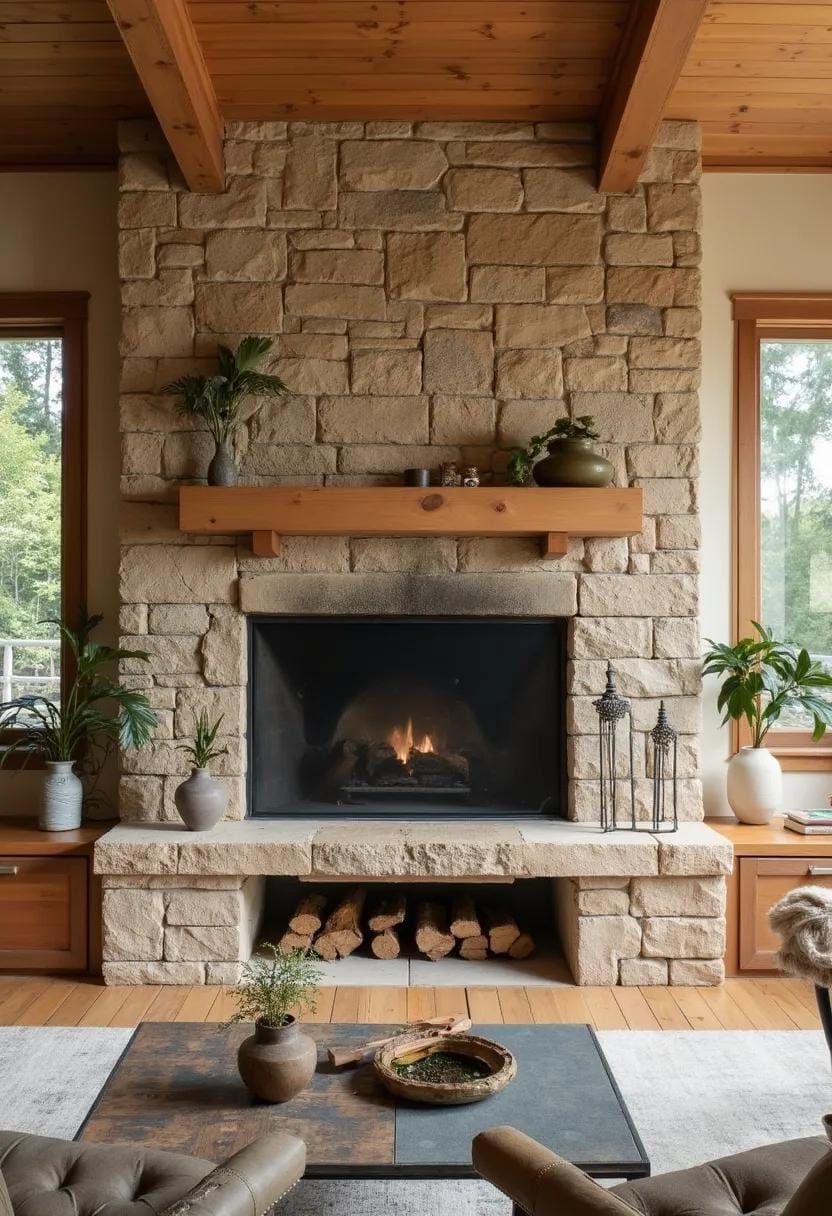 16. Rustic stone fireplace with built-in wood storage bench - photo 2