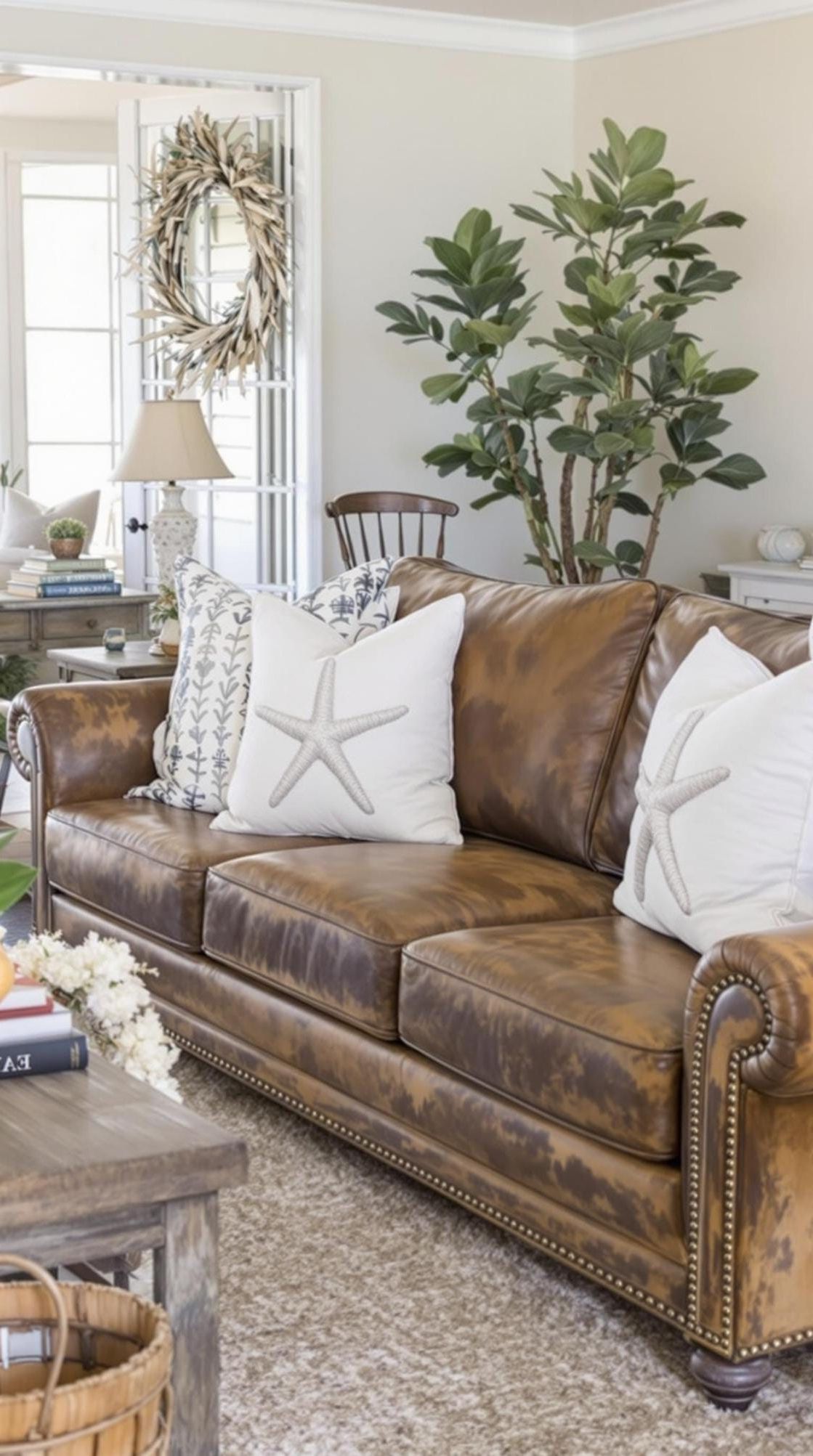 16. Distressed Leather Seating with Starfish Pillows - photo 2