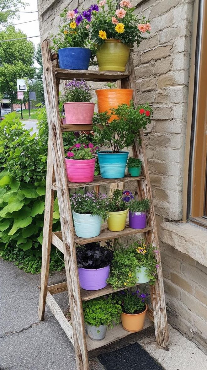 21. An Old Ladder Turned Planter Display - photo 2