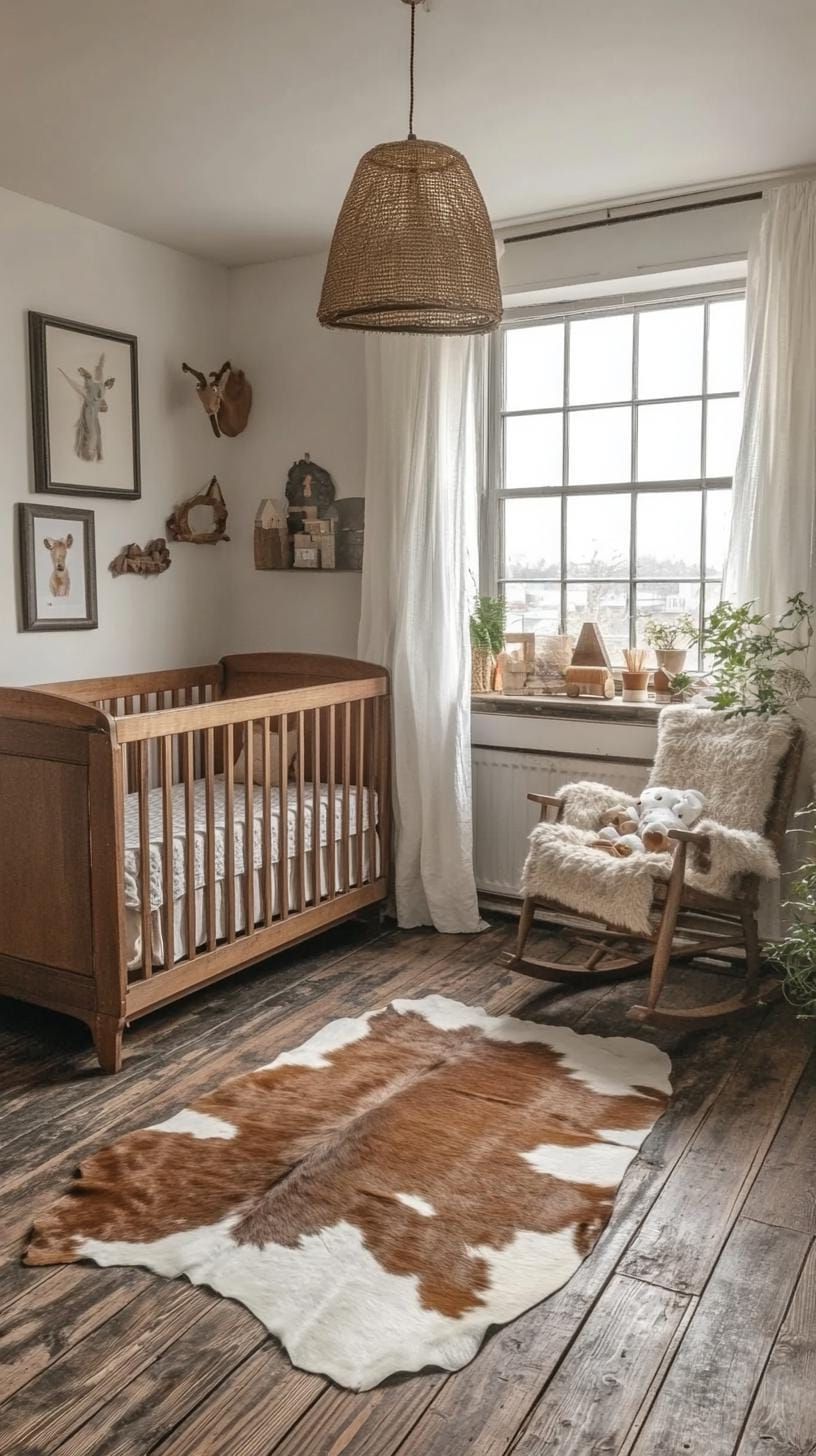 16. Rustic Nursery With Cowhide Rug and Horse Decor