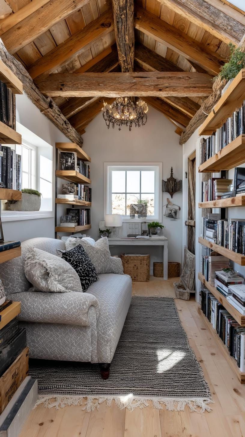 17. Shed Library with Vintage Sofa and Cathedral Ceiling - photo 2