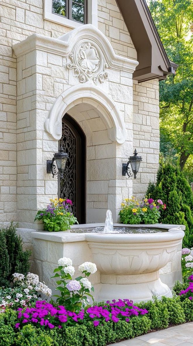 18. Stone fountain framed by a flower-draped gate