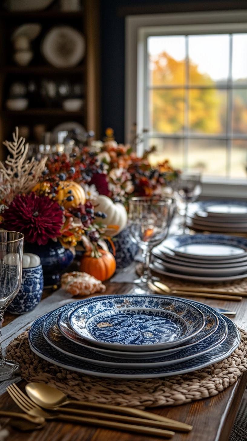 3. Navy and Burgundy Settings With Gold Cutlery