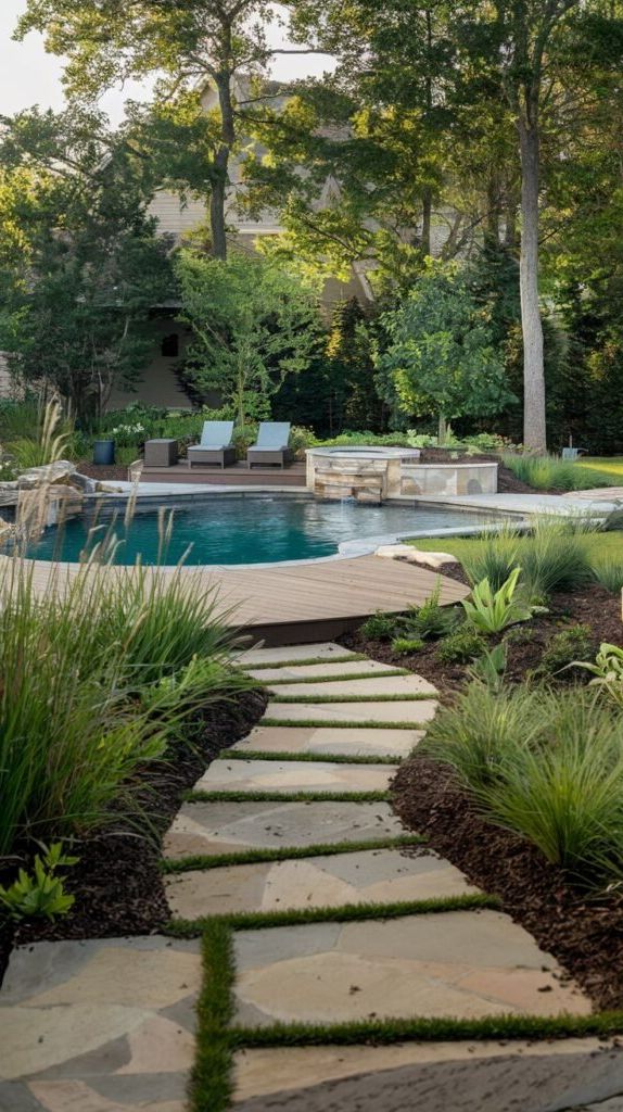 8. Curved Pool Softened by Deck and Greenery