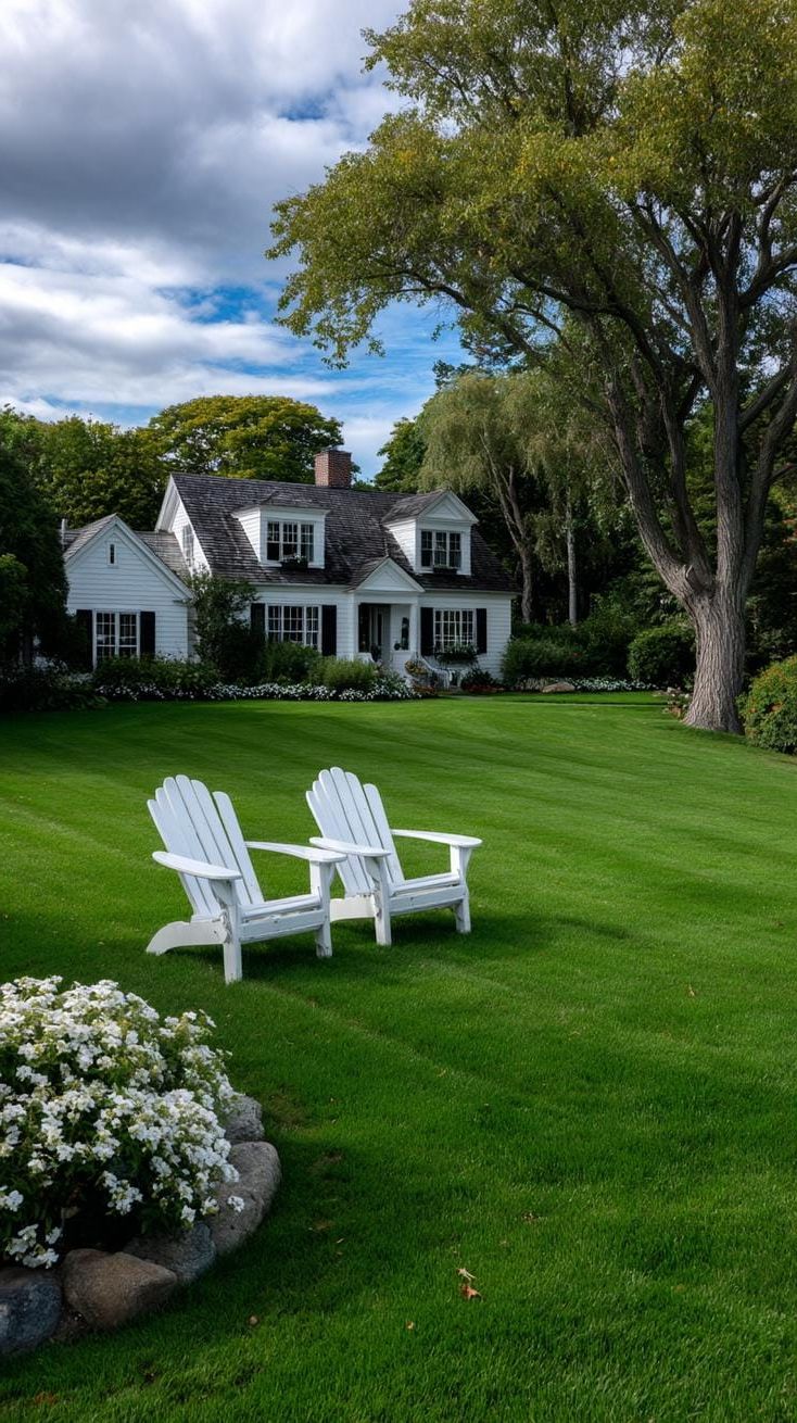 22. White Adirondack Chairs for Countryside Relaxing
