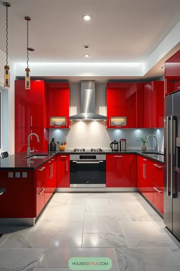 Glossy Red Lacquer Cabinets That Catch the Eye
