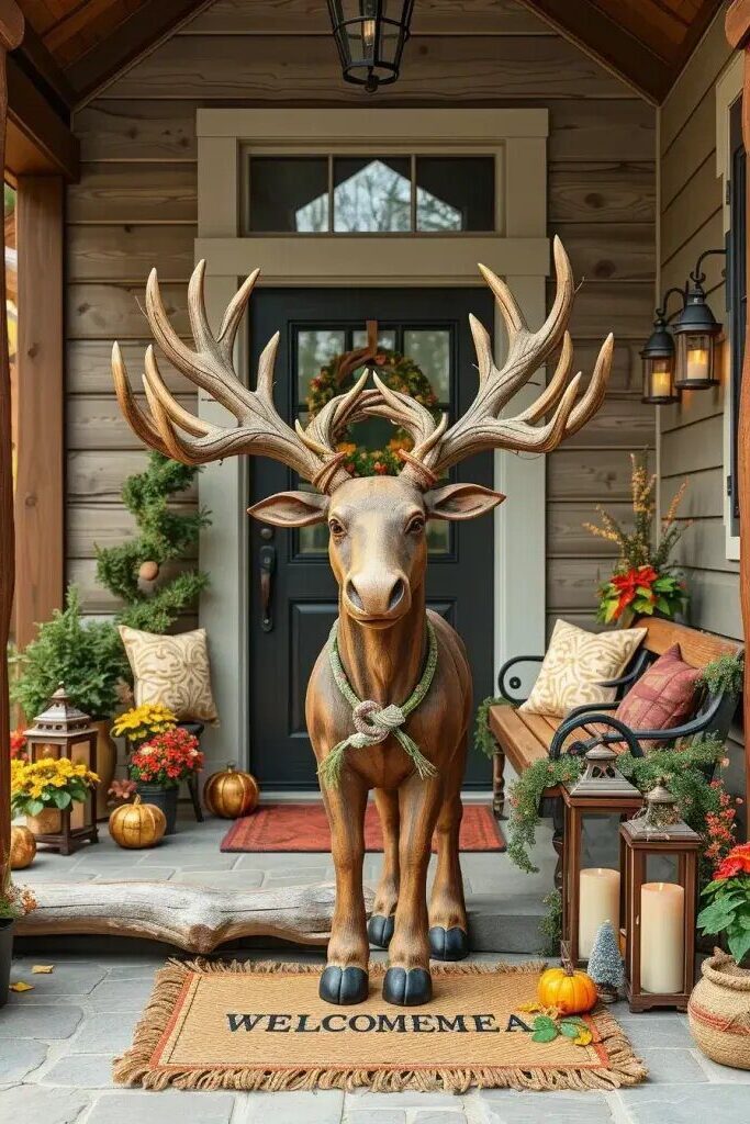 Wooden Moose Statues with Wreath Antlers - photo 3