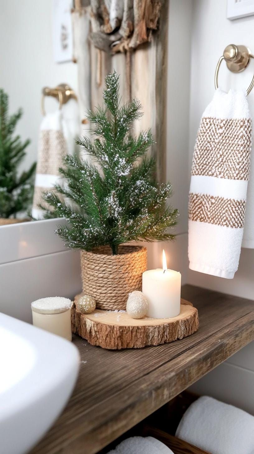 4. Small Tree with Faux Snow on a Shelf