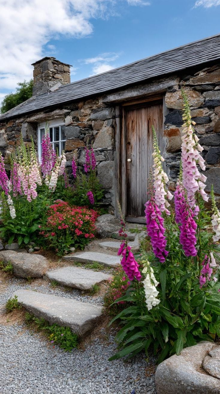19. A Weathered Wooden Door Behind Foxgloves