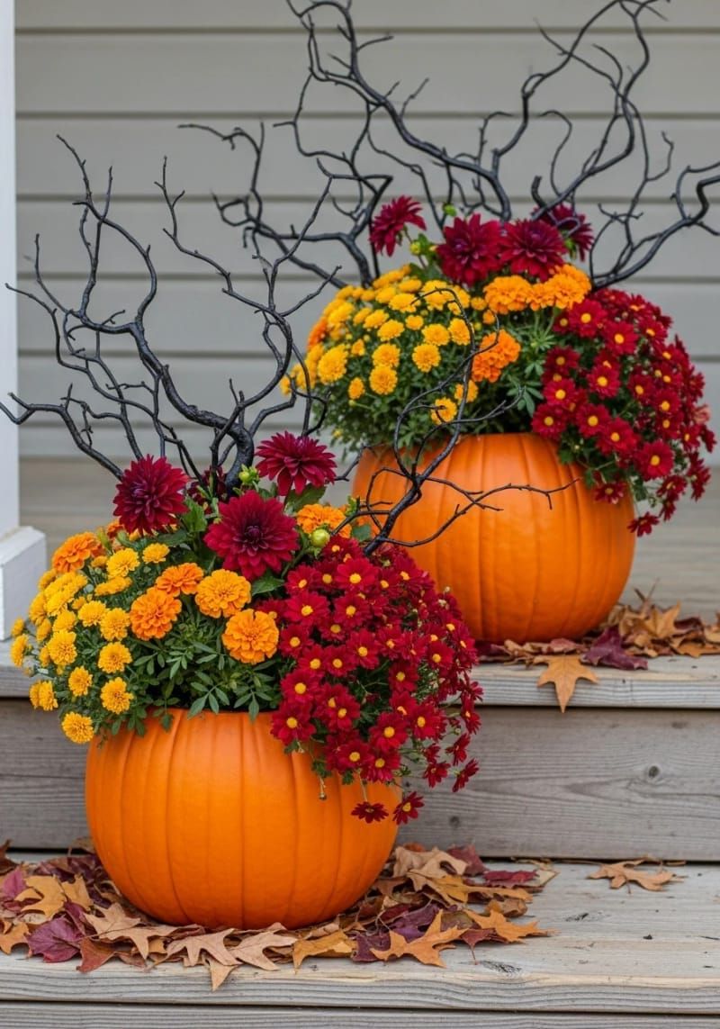 5. Pumpkin Planters Filled with Fall Flowers and Dark Branches