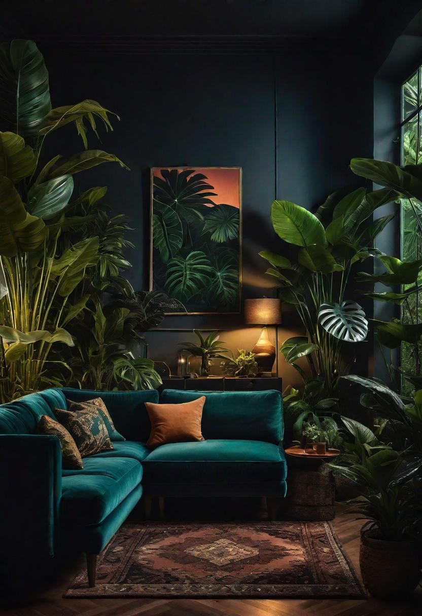 12. Dark Jungle-Themed Living Room