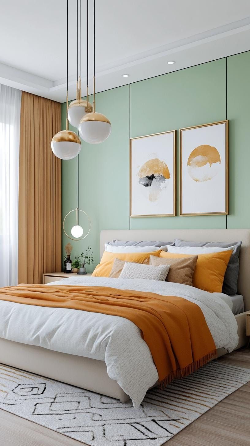 23. Eclectic Bedroom Pairing Sage Green with Metallic Accents - photo 2