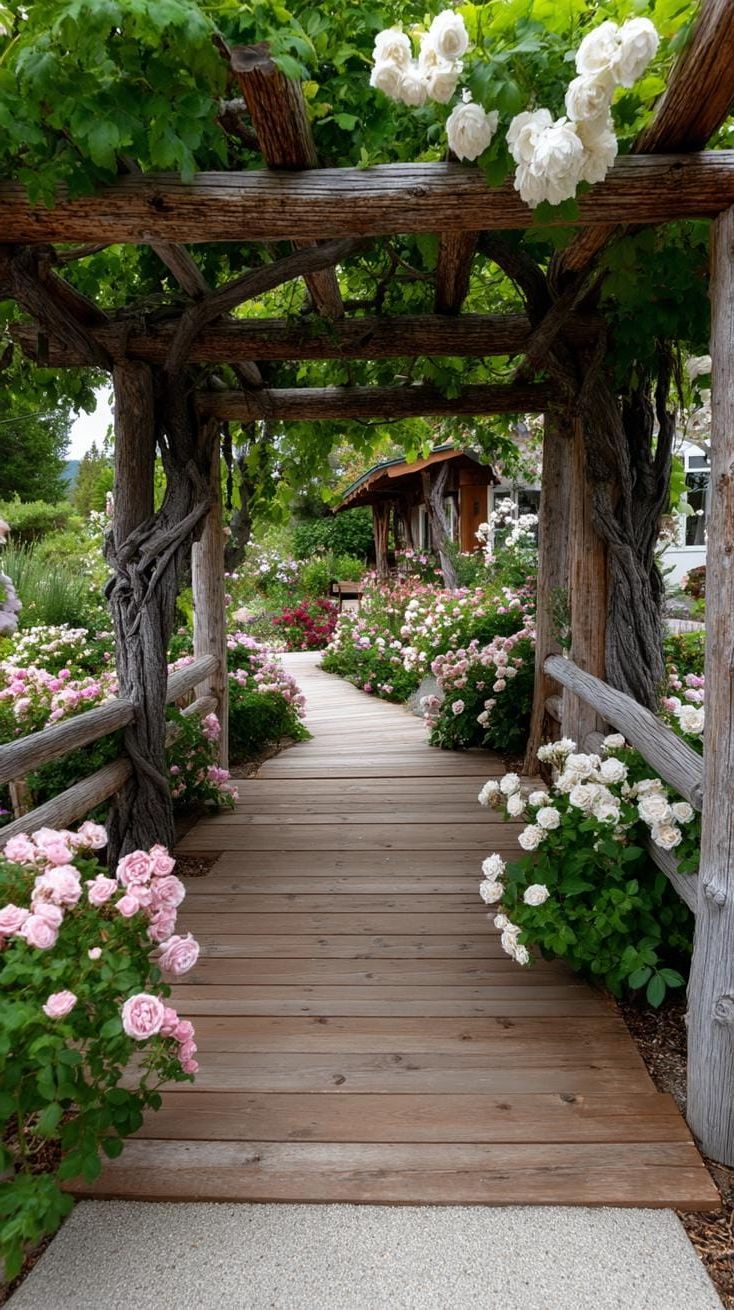 24. A Flower-Lined Walkway Beneath a Rustic Pergola