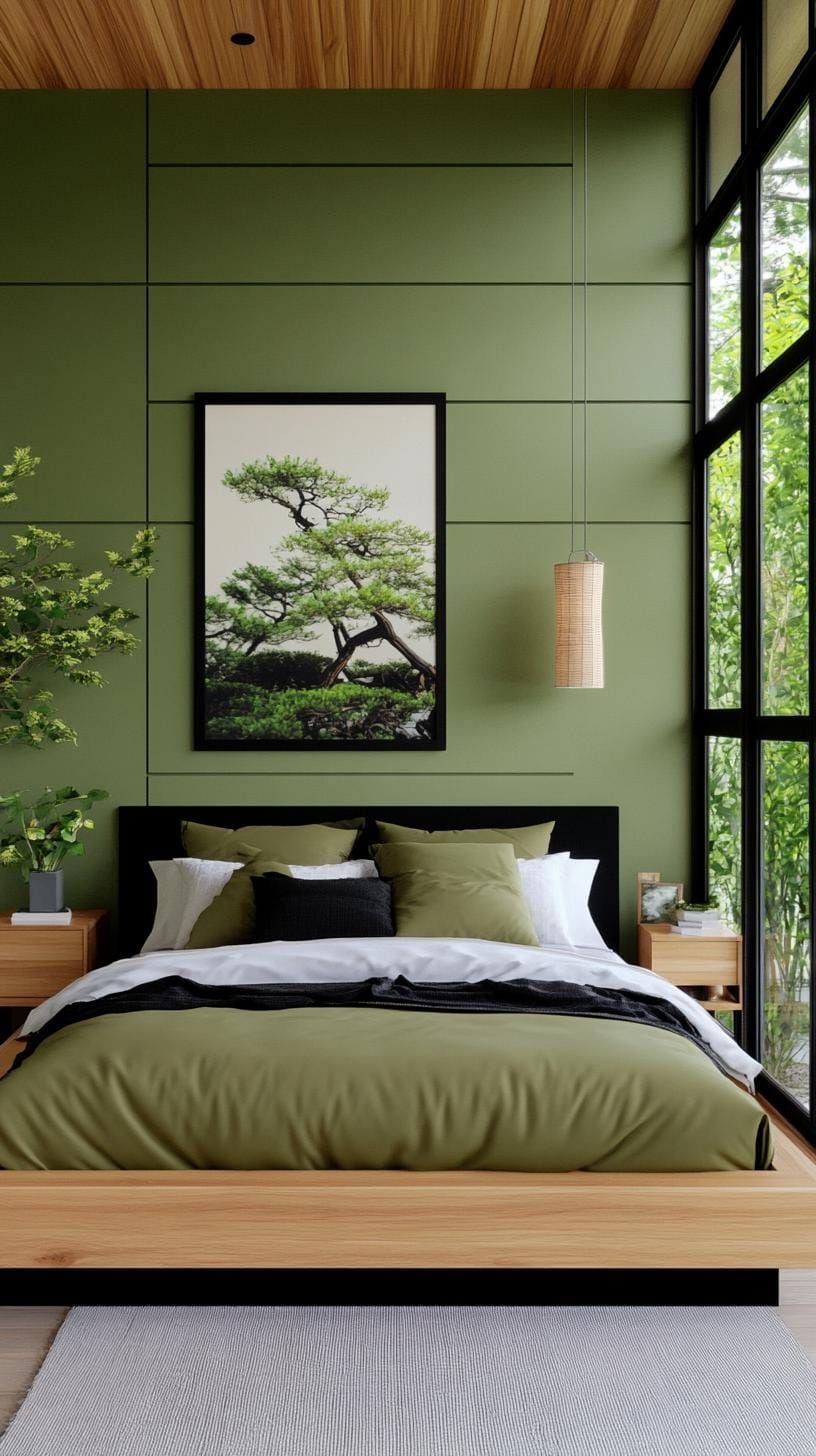 20. Olive Green and Black Minimalist Bedroom - photo 2