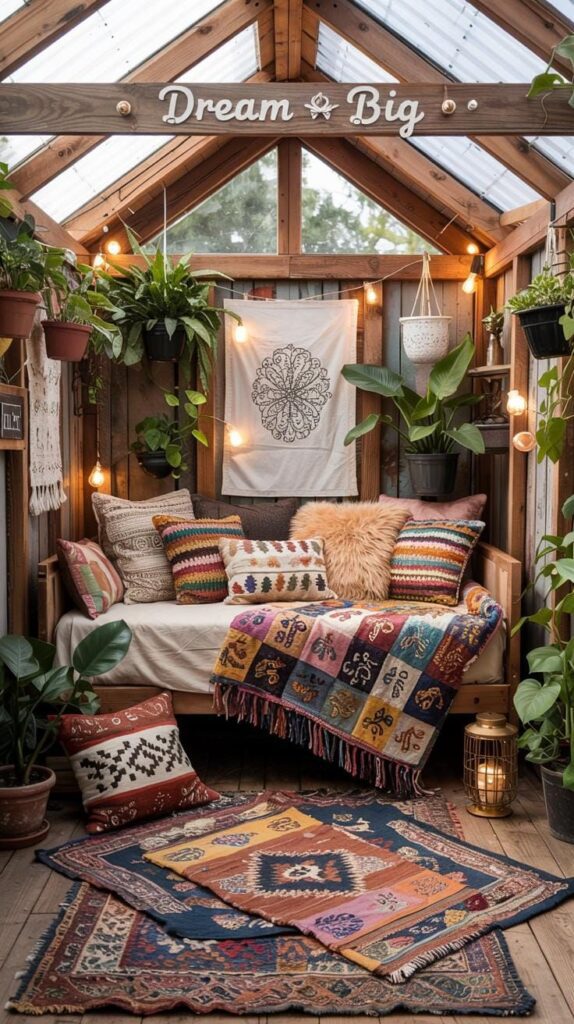 5. Boho She Shed with Layered Rugs and Macrame - photo 4