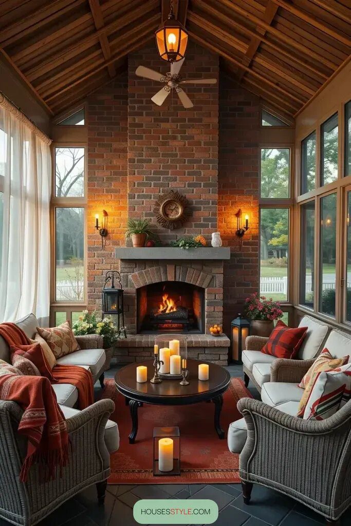 Get cozy by the fireplace on the screened porch.