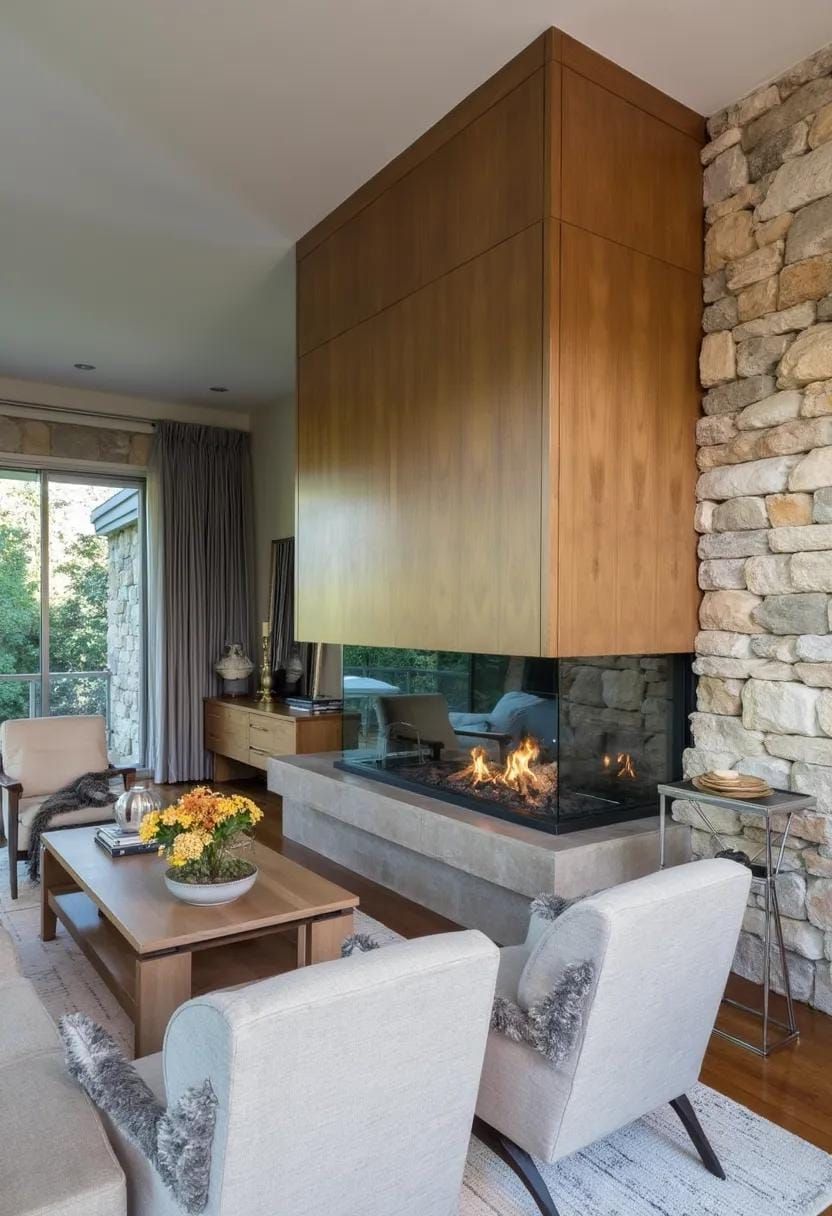 7. Glass-enclosed double-sided fireplace with stone accent wall - photo 2
