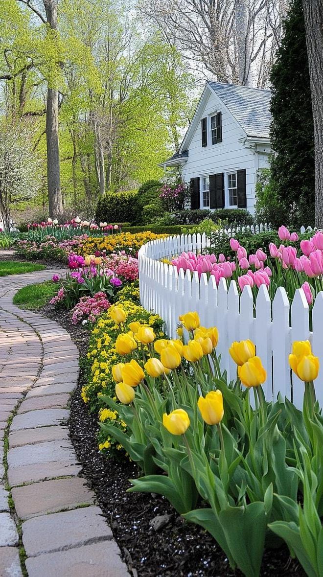 2. White Picket Fence with Garden Beds