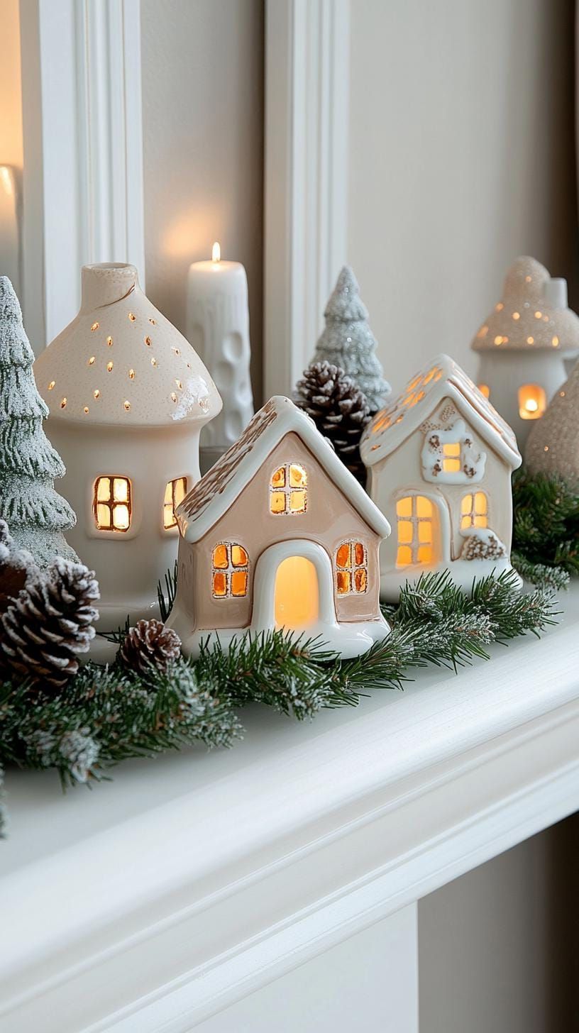 1. Ceramic house villages with pinecones and greenery