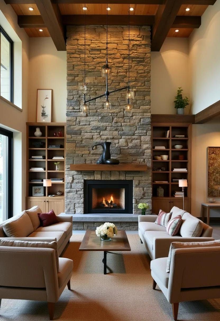 11. Split-level room centered on stone fireplace column