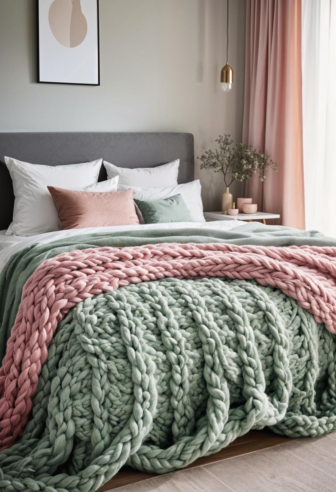 20. Sage and Pink Knit Throw Blankets