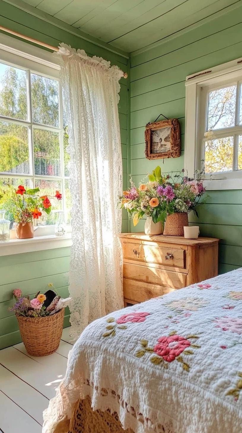 18. Cottagecore Bedroom with Lace Curtains and Sage Green Walls - photo 2