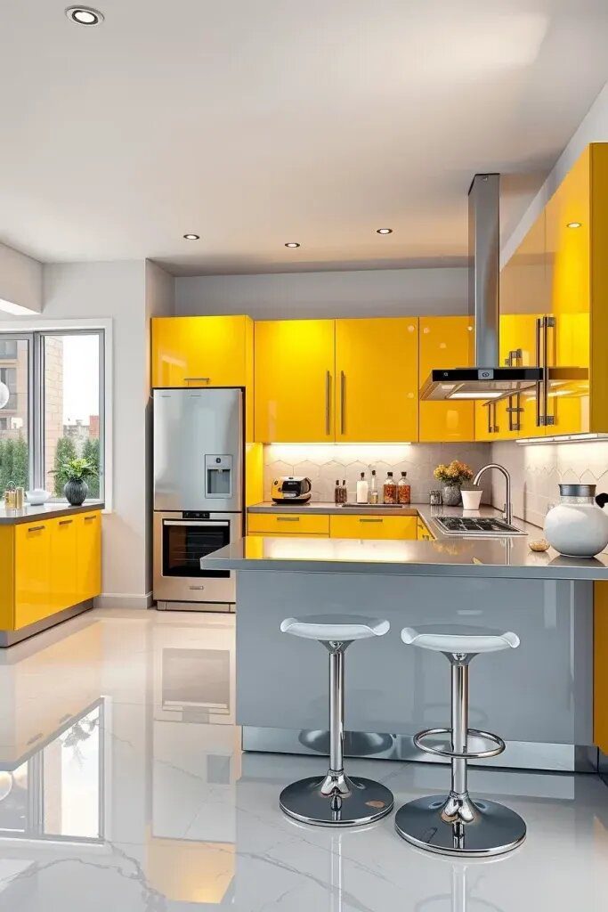 Bright and Shiny Yellow Cabinets for a Modern Kitchen