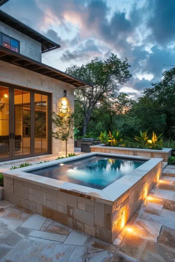 Stone Plunge Pool With Garden Backdrop