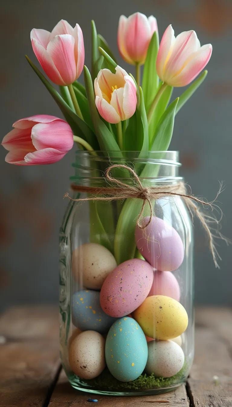 8. Mason Jar With Eggs And Tulips