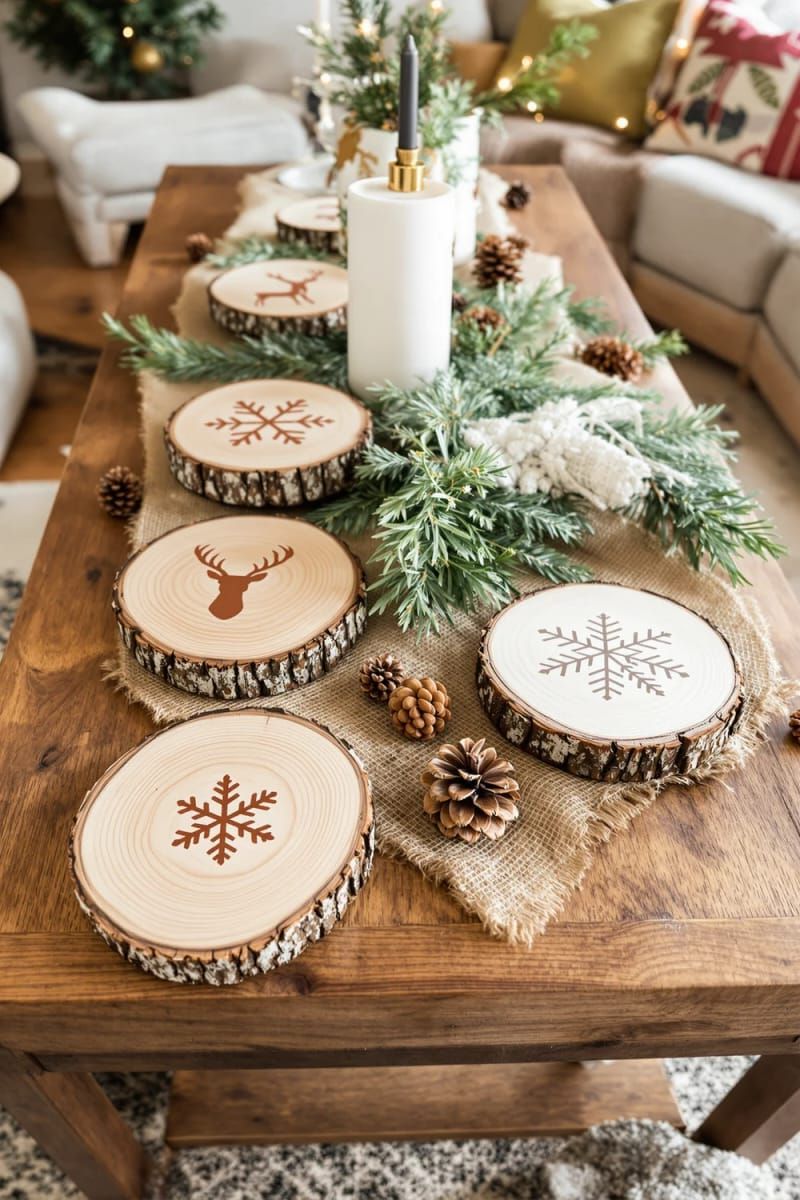 31. Stamped wood slice coasters with snowflakes and reindeer