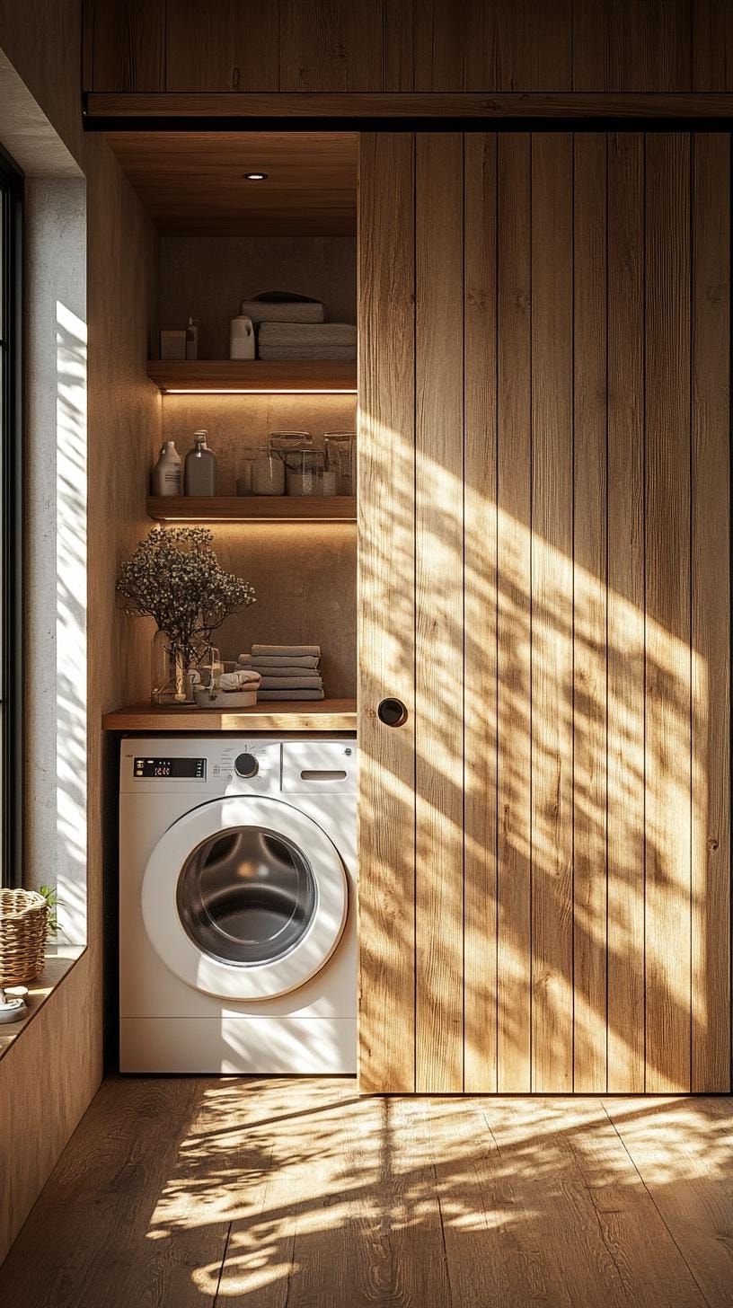 1. Stacked white washers behind natural wood barn door closet - photo 2