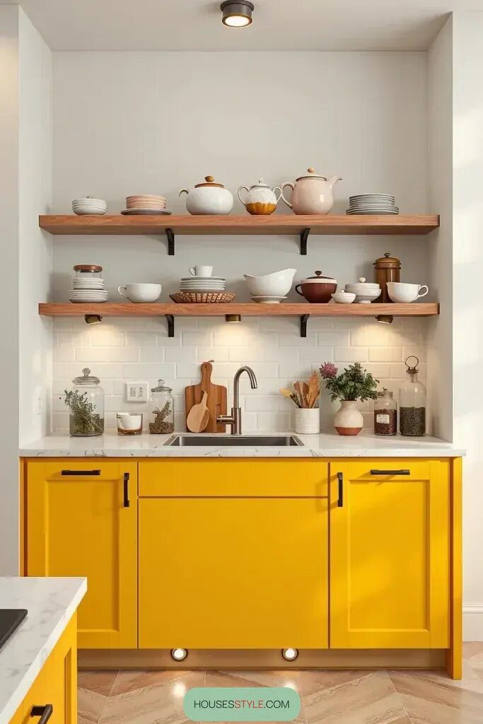 Open Shelving Above Sunny Yellow Base Cabinets - photo 2