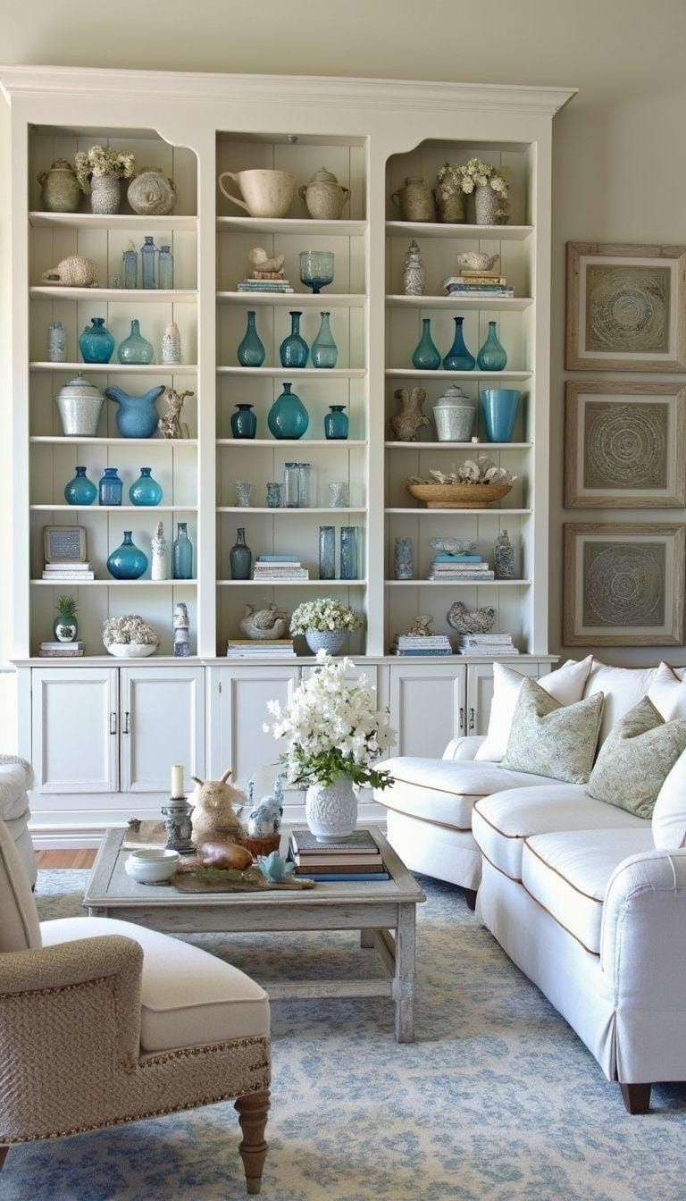 10. Whitewashed Bookcases with Coastal Trinkets