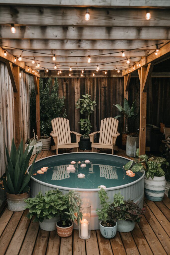9. Relaxing Oasis: Stock Tank Pool Surrounded by Lovely Landscaping