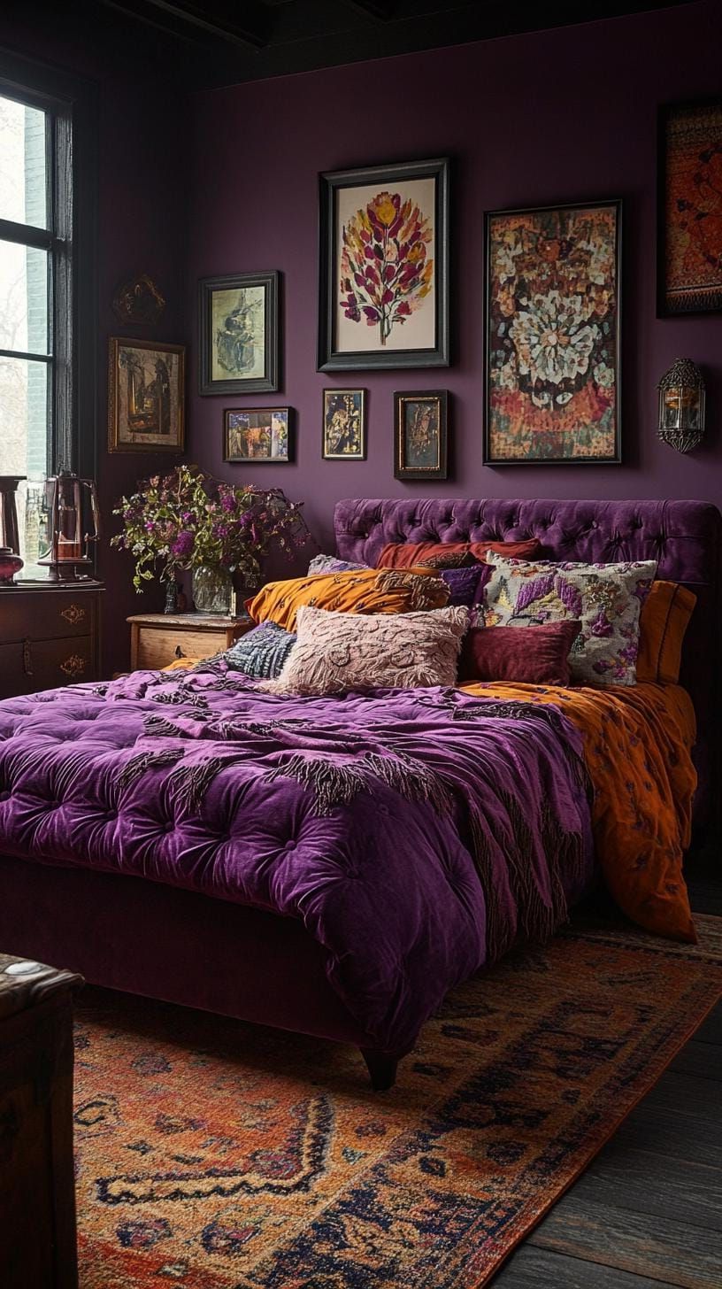 4. Velvet Bedding In Jewel Tones With Art