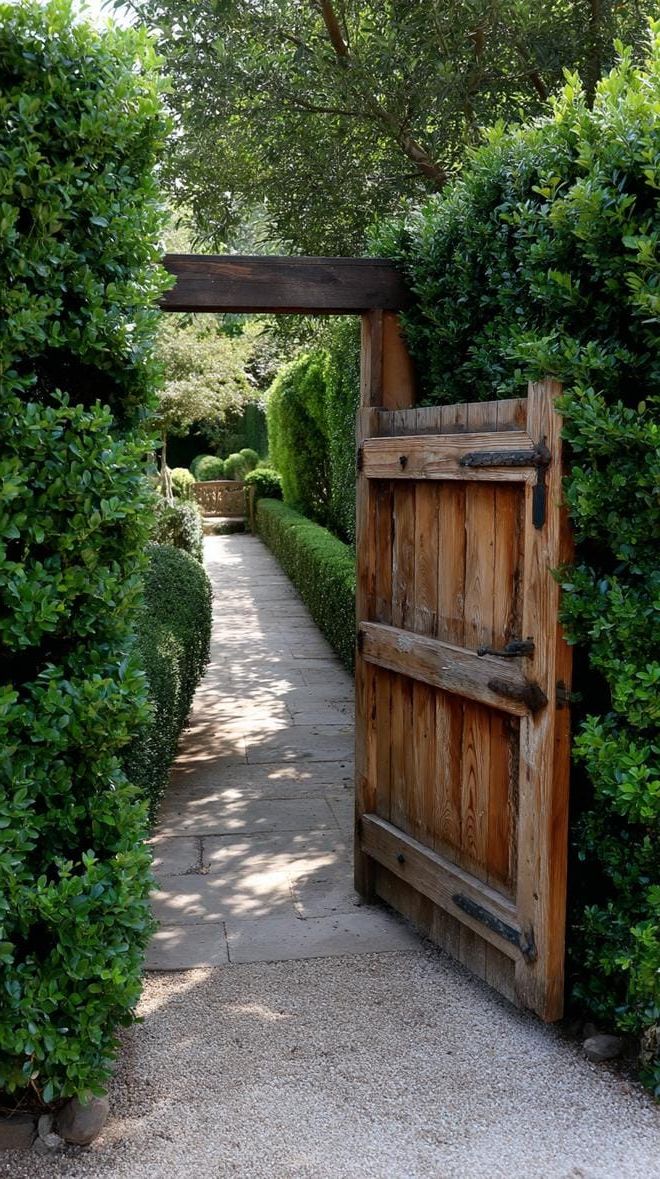 12. Boxwood-framed garden gate with old-world charm