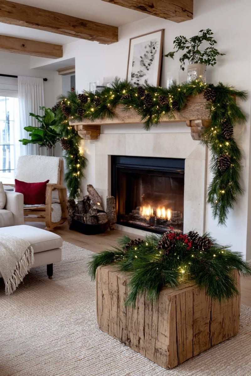 Pinecone garland with fairy lights on a barnwood mantel - photo 3