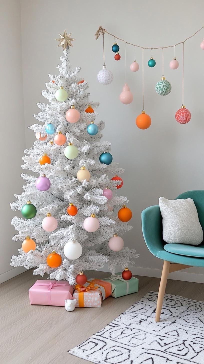 3. White flocked trees with pastel retro baubles