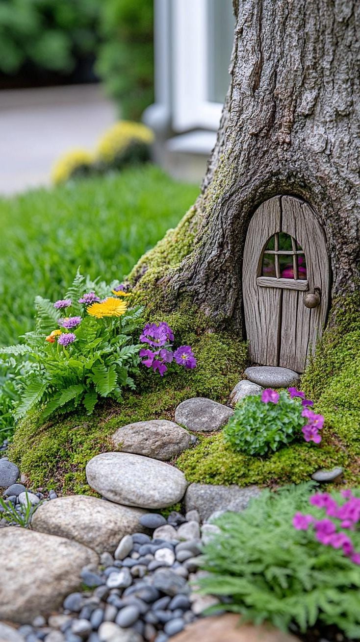 1. Magical Fairy Door Entrance Made from Tree Trunk with Pebble Pathway