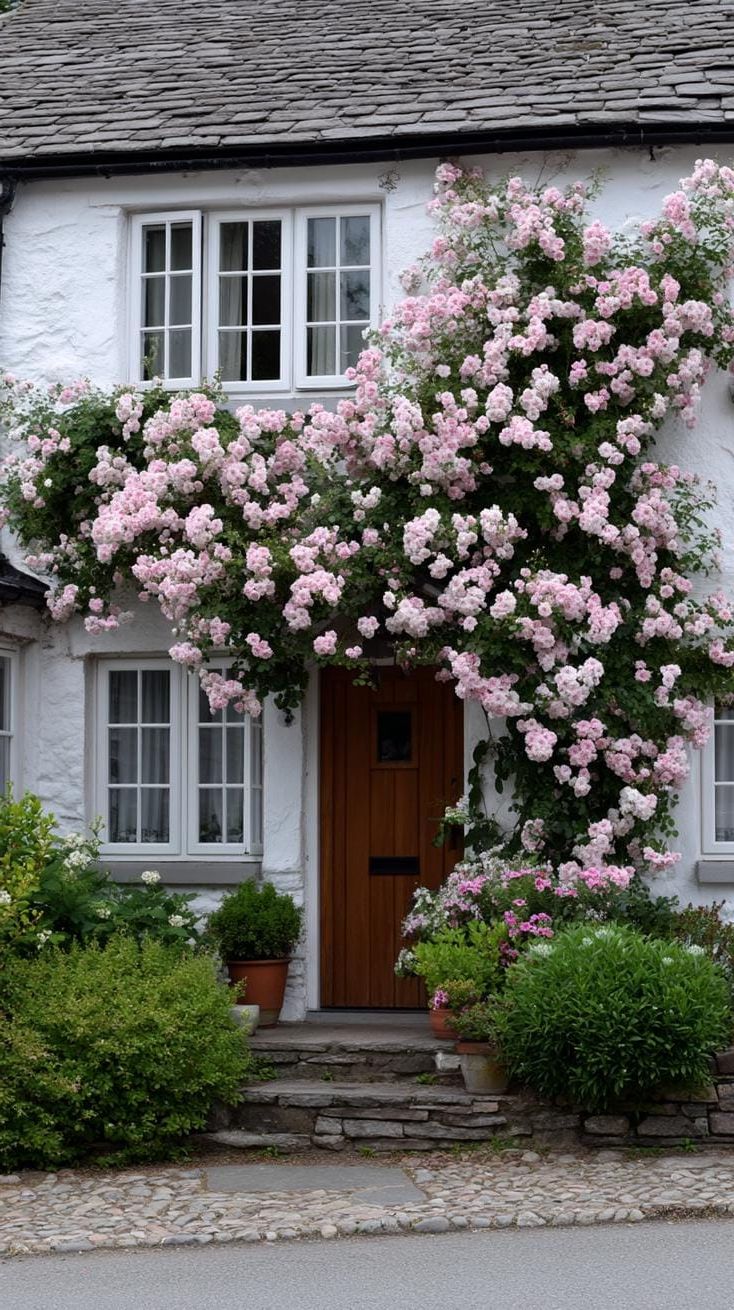 6. Pale Pink Roses Climbing a Cottage Wall