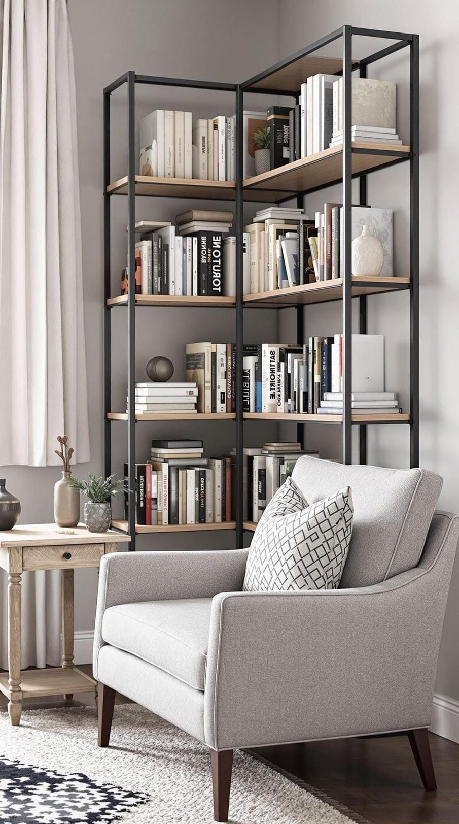 9. Reading Nook with Metal Bookcase
