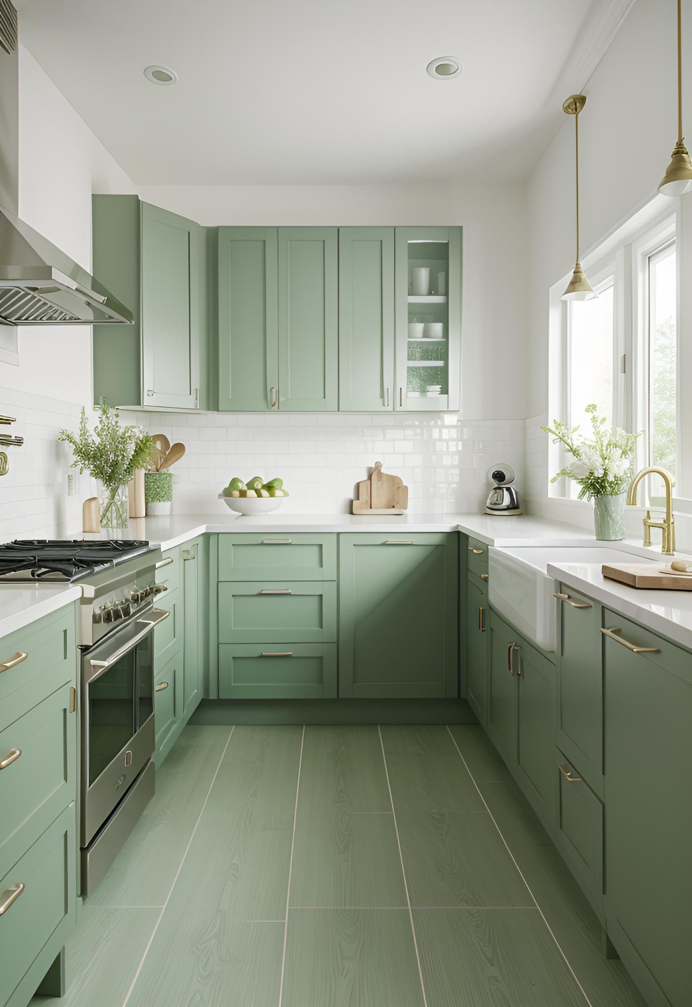 17. Green Pine Cabinets with White Floors