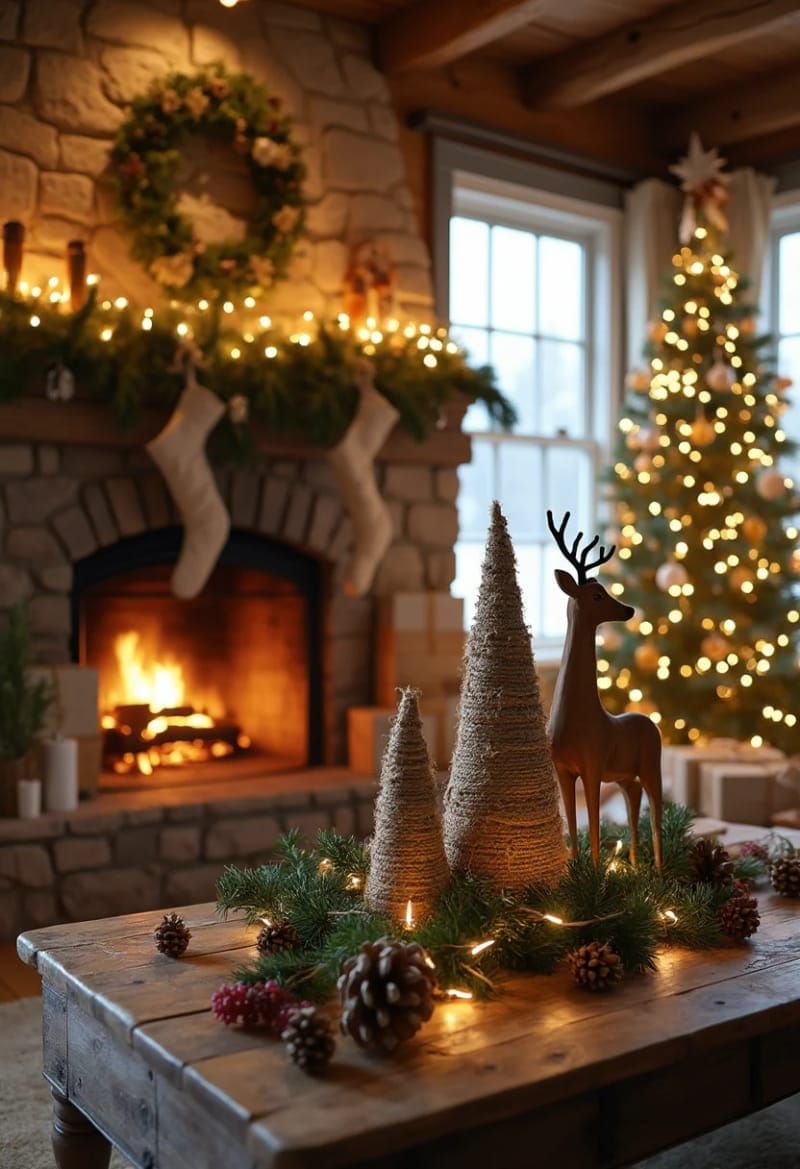 Wooden reindeer figures beside a jute-wrapped tree - photo 2