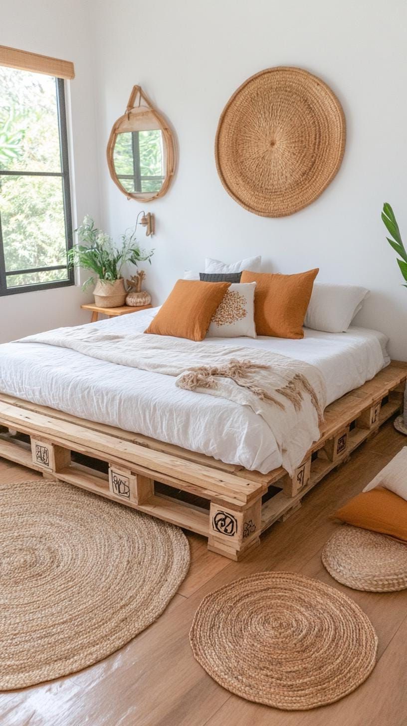 13. Upcycled wooden pallets as a low bed frame